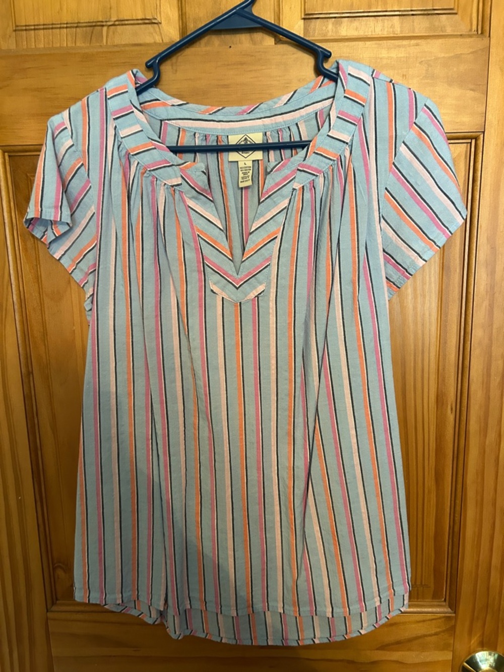 Striped Short-Sleeve V-Neck Top in Light Blue and Coral